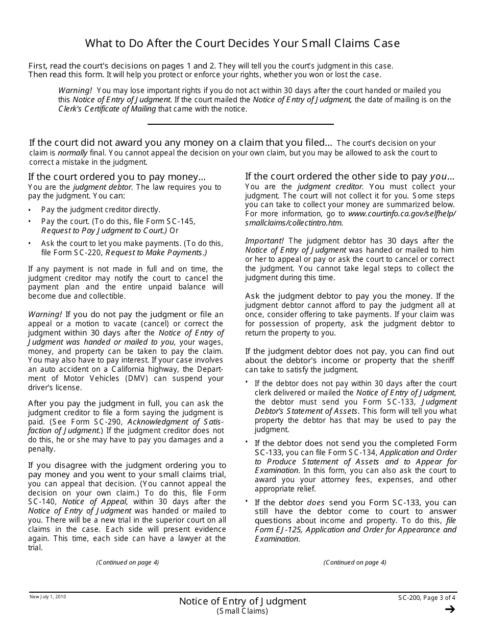 Form SC-200 Notice of Entry of Judgment - California, Page 3