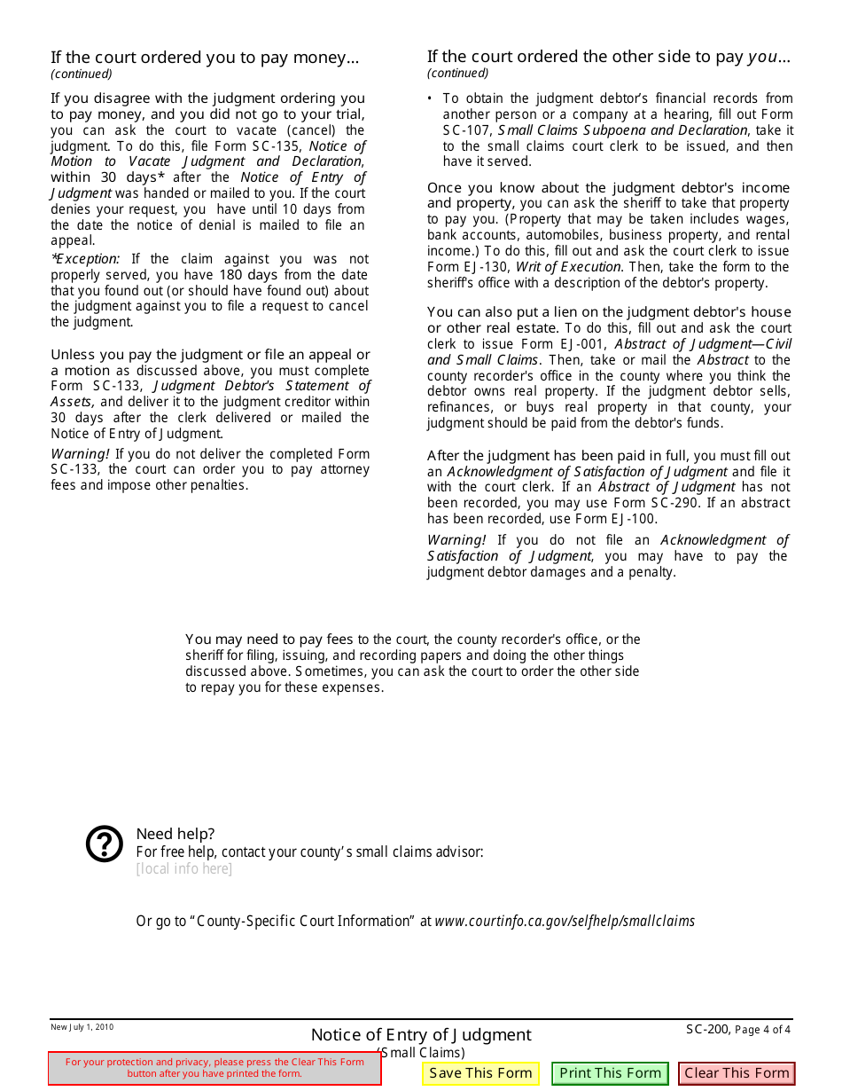Form SC-200 Notice of Entry of Judgment - California, Page 4