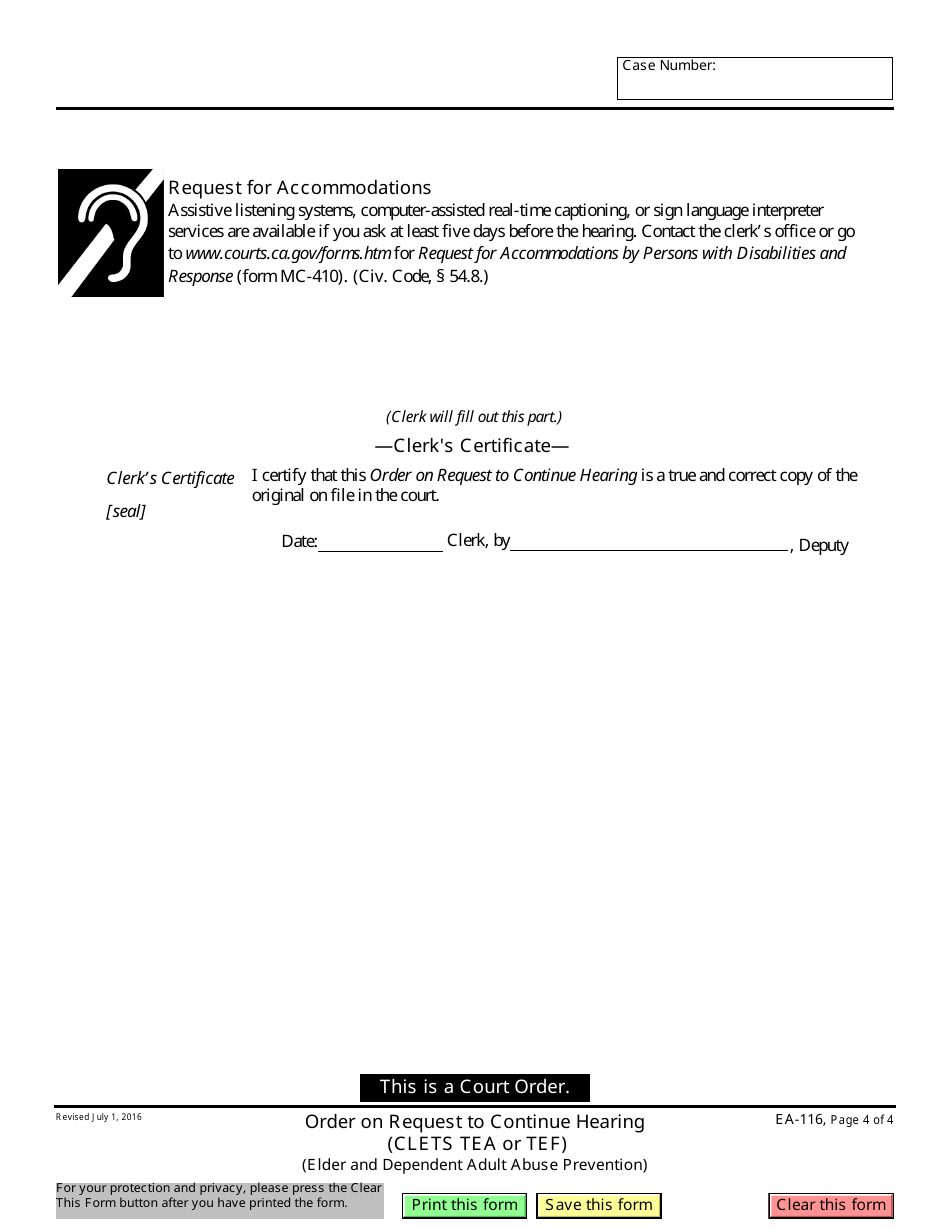 Form EA-116 Order on Request to Continue Hearing - California, Page 4