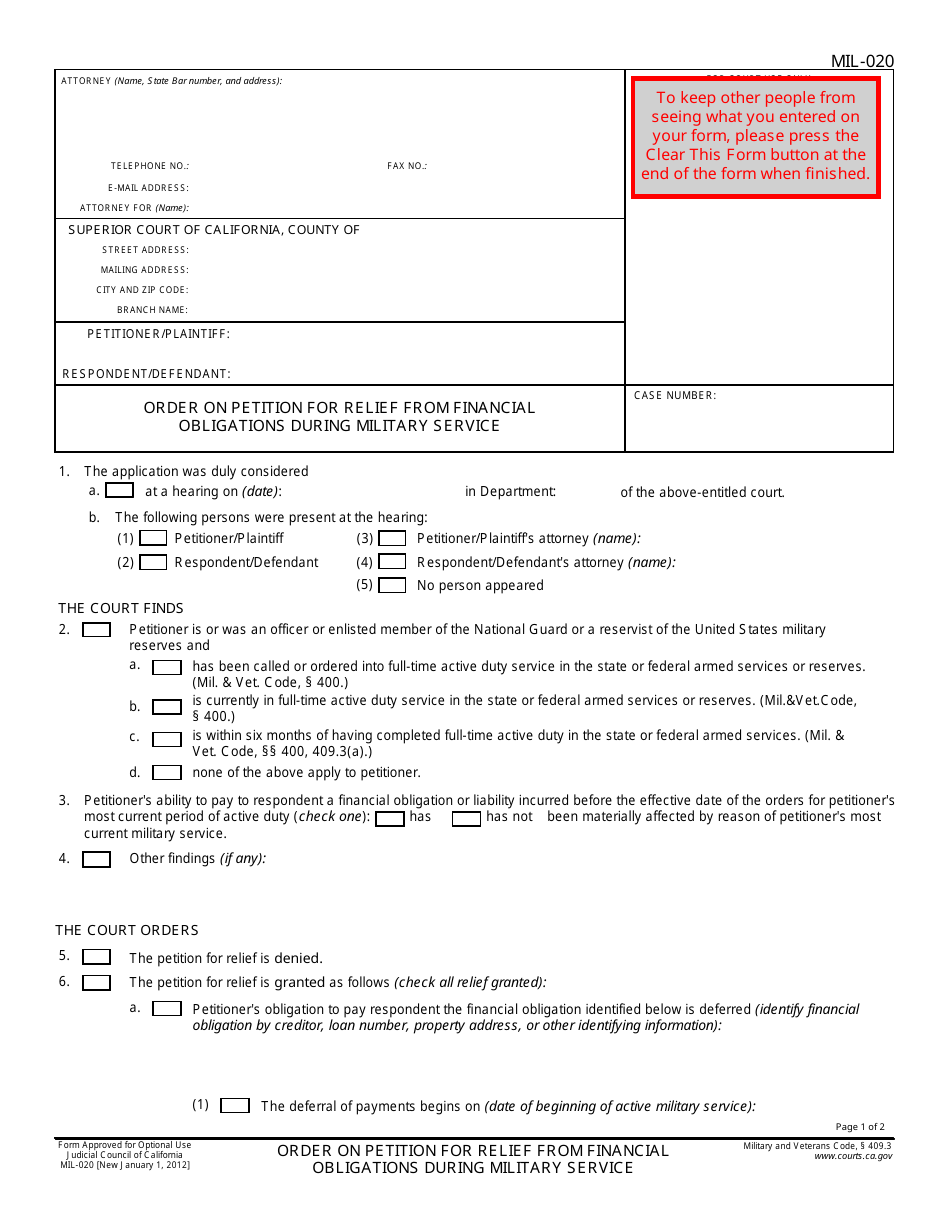 Form MIL-020 - Fill Out, Sign Online and Download Fillable PDF ...