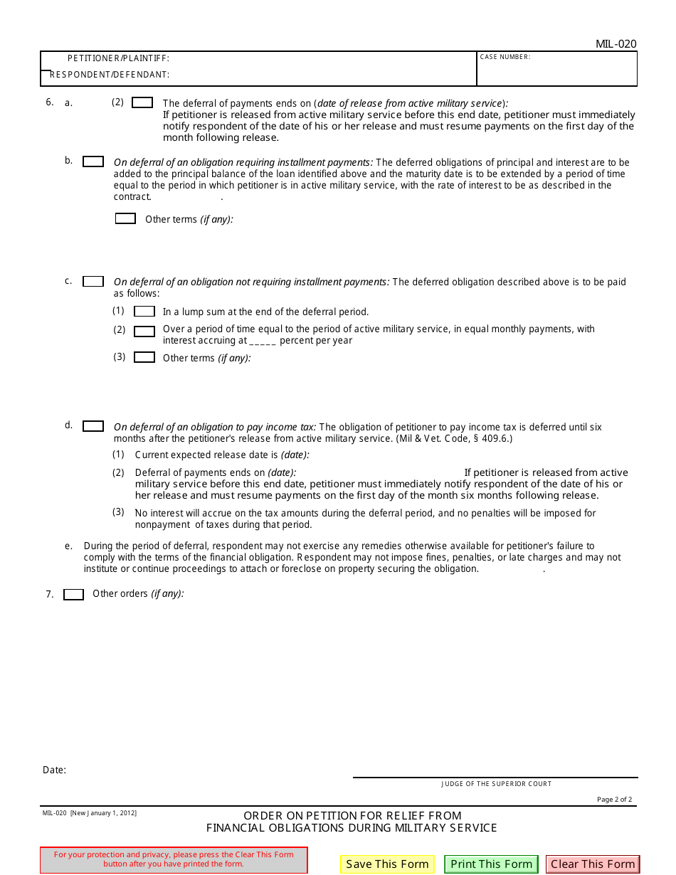 Form MIL-020 Order on Petition for Relief From Financial Obligations During Military Service - California, Page 2