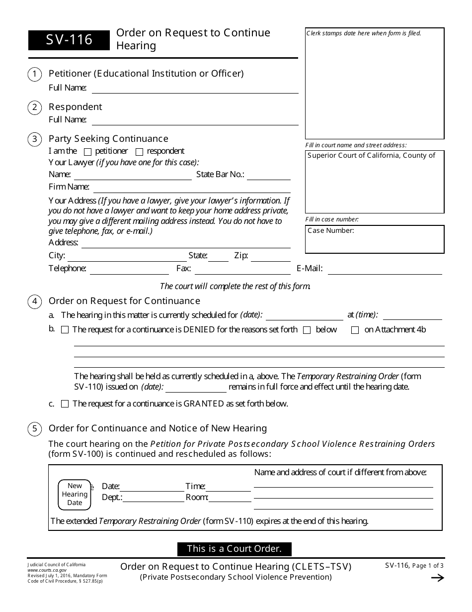 Form SV-116 Order on Request to Continue Hearing - California, Page 1