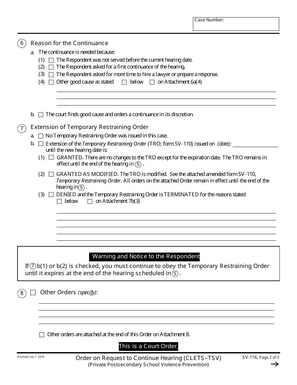 Form SV-116 Order on Request to Continue Hearing - California, Page 2