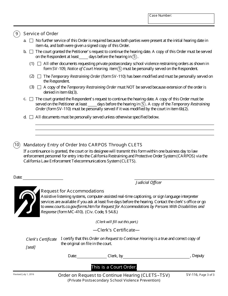 Form SV-116 Order on Request to Continue Hearing - California, Page 3
