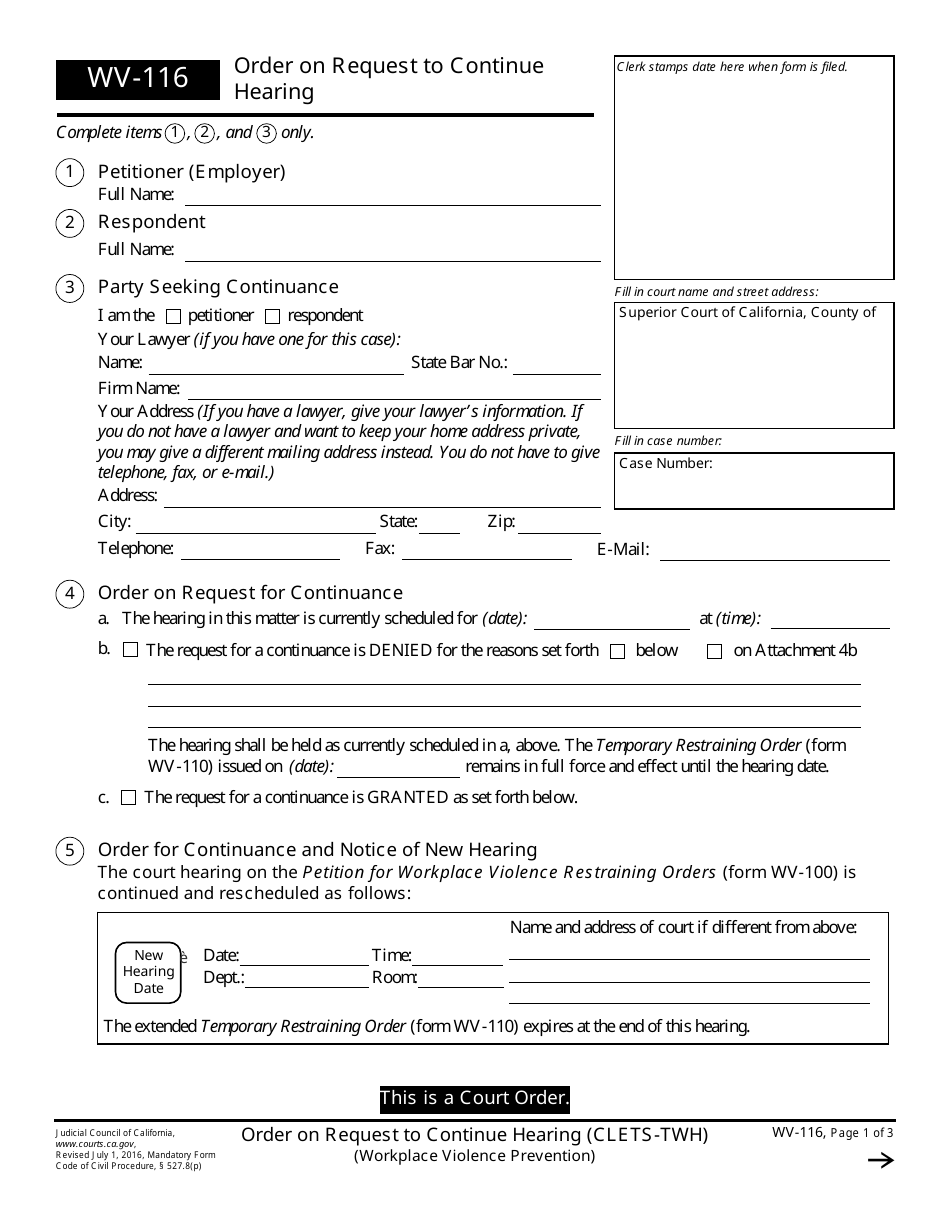 Form WV-116 Order on Request to Continue Hearing (Clets-Twh) - California, Page 1