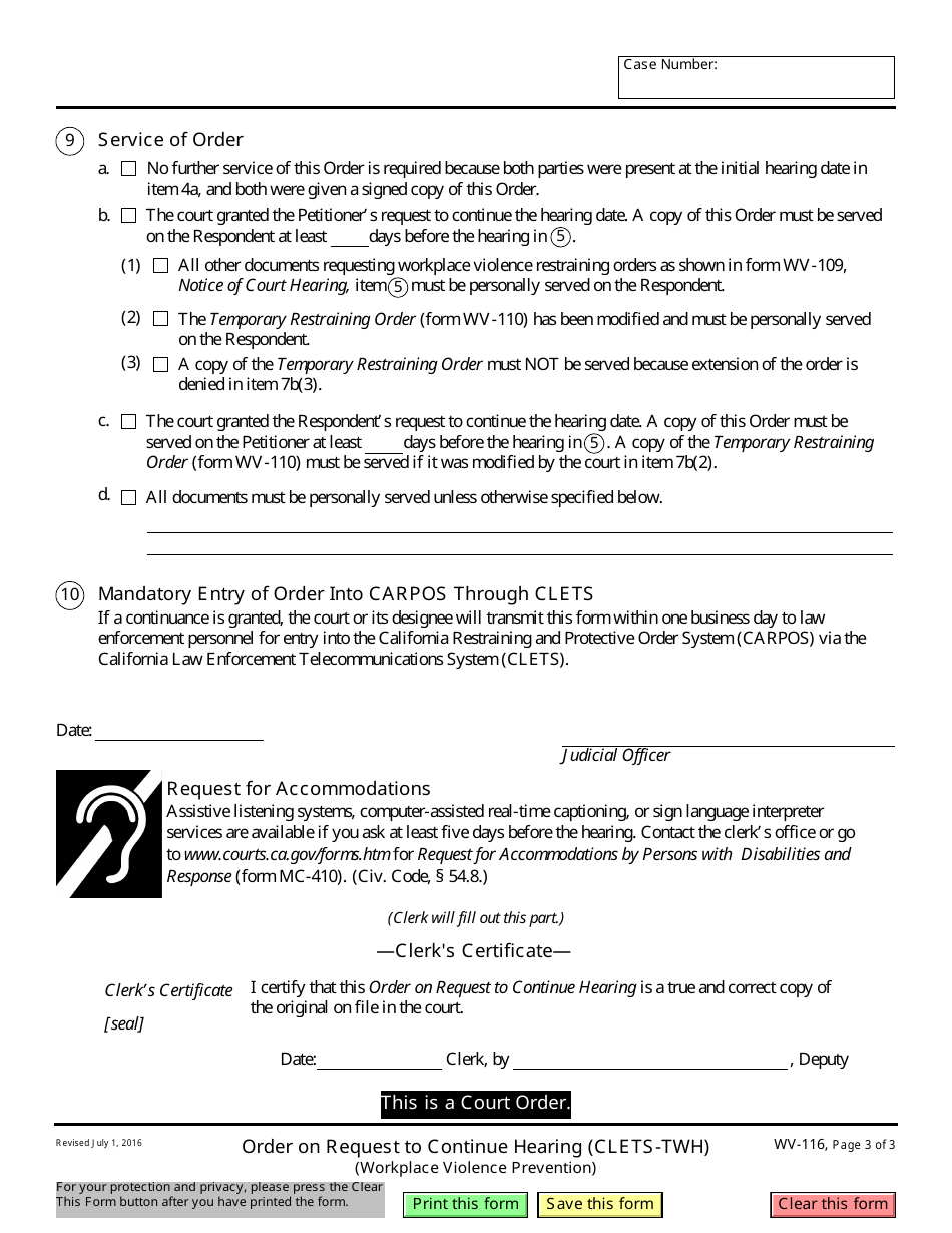 Form WV-116 Order on Request to Continue Hearing (Clets-Twh) - California, Page 3