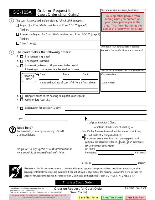 Form SC-105A Order on Request for Court Order - California