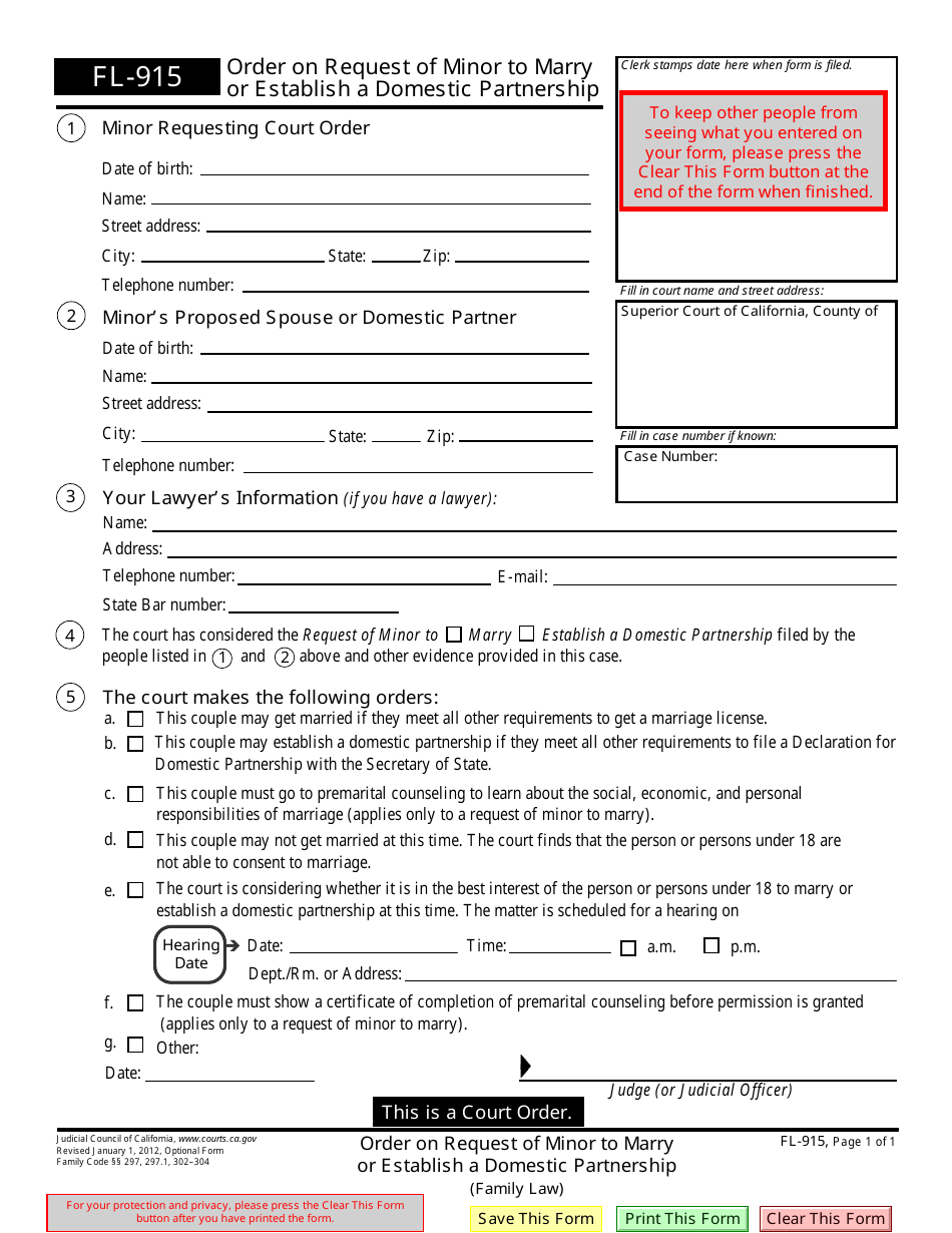 Form FL-915 Order on Request of Minor to Marry or Establish a Domestic Partnership - California, Page 1
