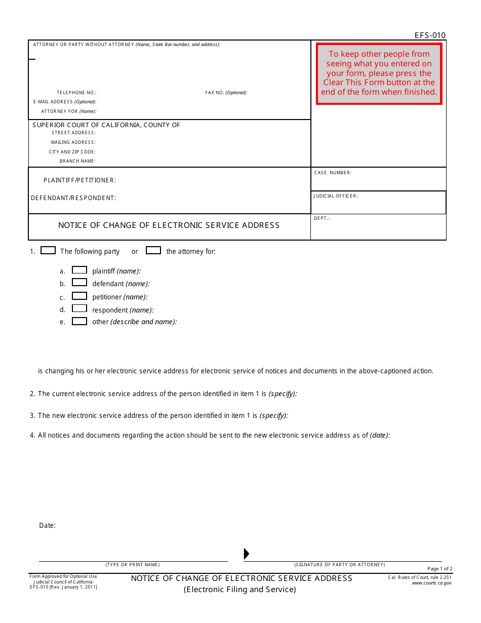 Form EFS-010 Notice of Change of Electronic Service Address - California, Page 1