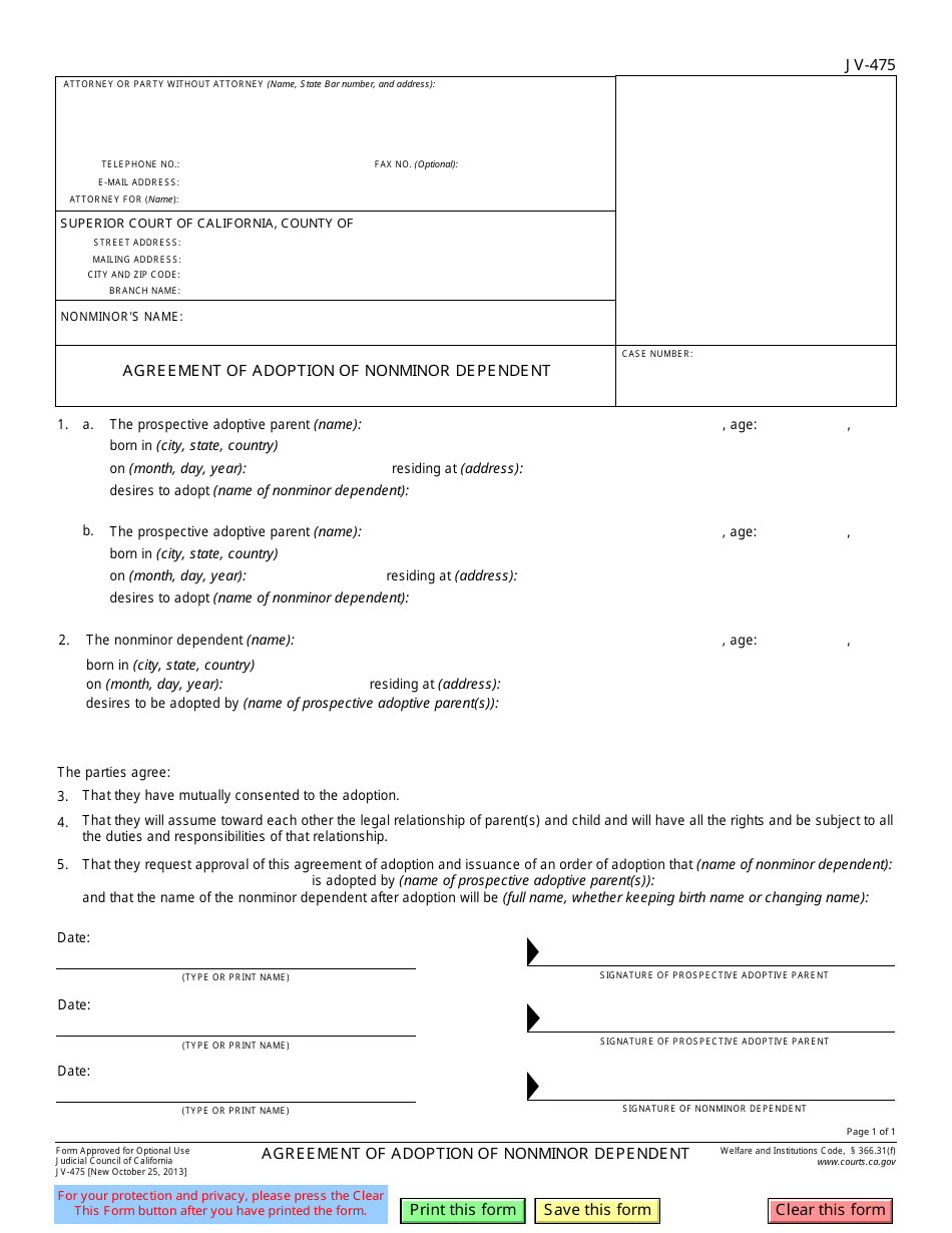 Form JV-475 Agreement of Adoption of Nonminor Dependent - California, Page 1