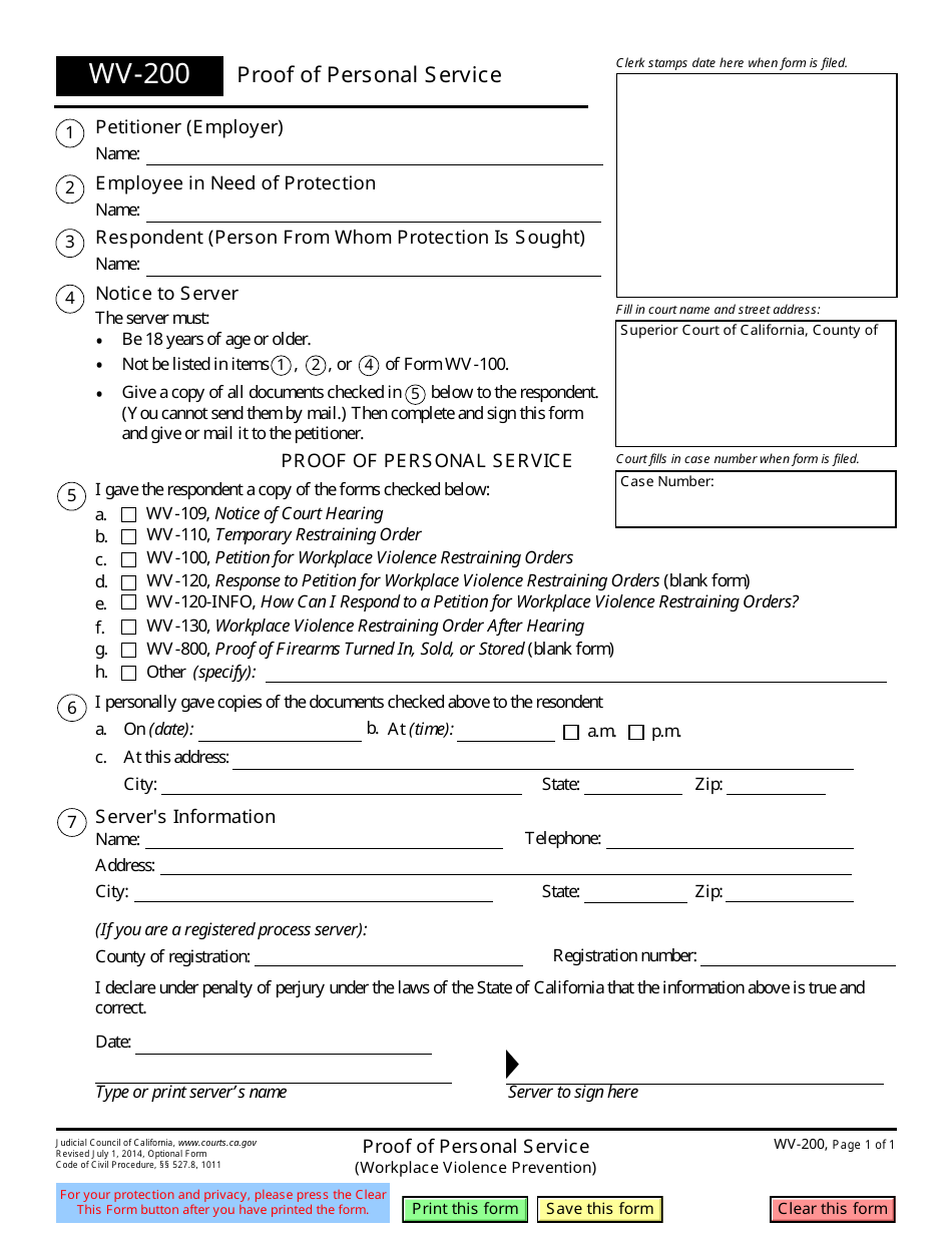 Form WV-200 Proof of Personal Service - California, Page 1