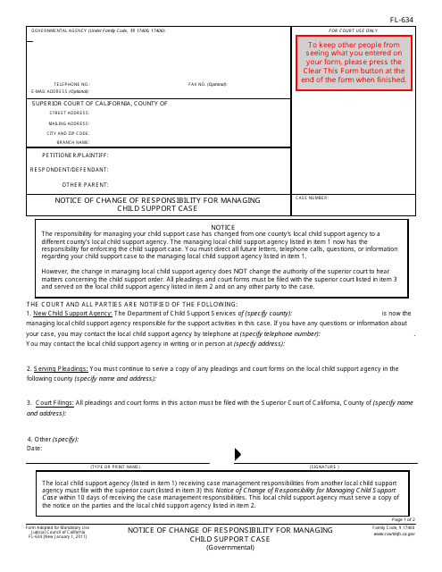 Form FL-634 Notice of Change of Responsibility for Managing Child Support Case - California