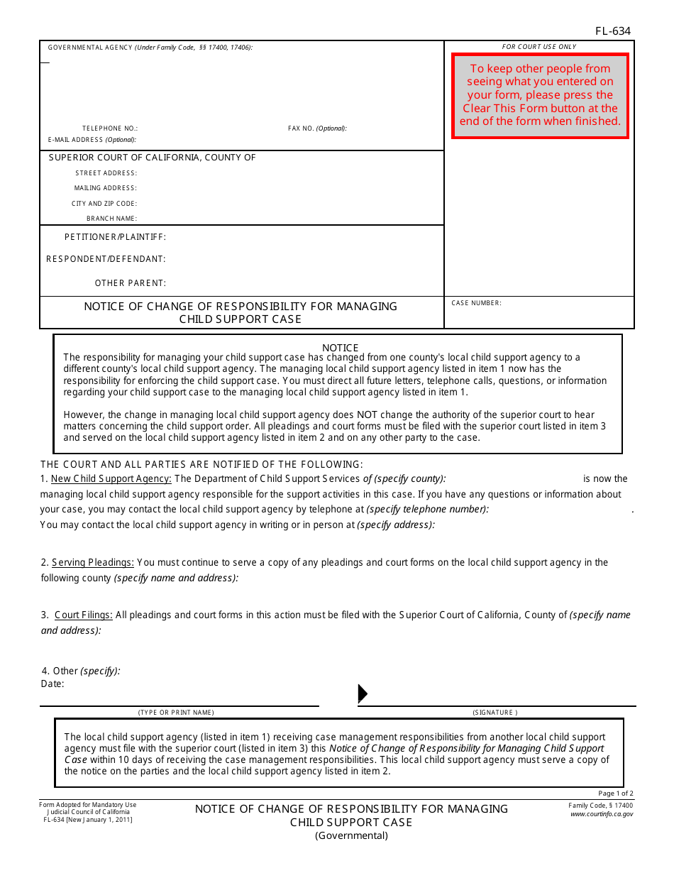 Form FL-634 Notice of Change of Responsibility for Managing Child Support Case - California, Page 1