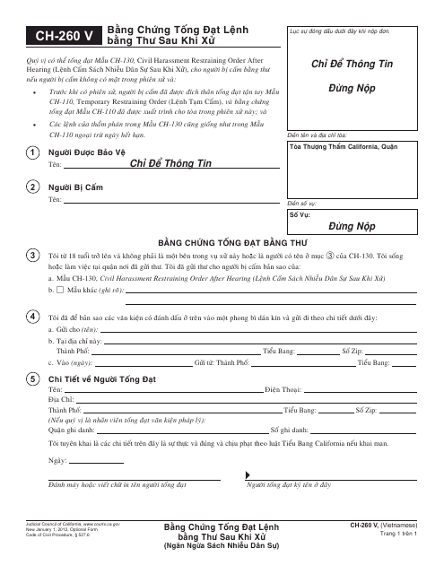 Form CH-260 V Proof of Service of Order After Hearing by Mail - California (Vietnamese)