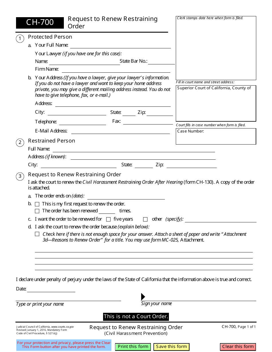 Form CH-700 Request to Renew Restraining Order - California, Page 1