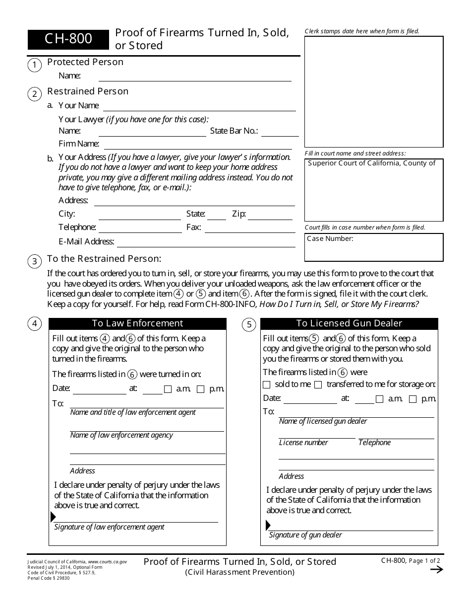 Form CH-800 Proof of Firearms Turned in, Sold, or Stored - California, Page 1