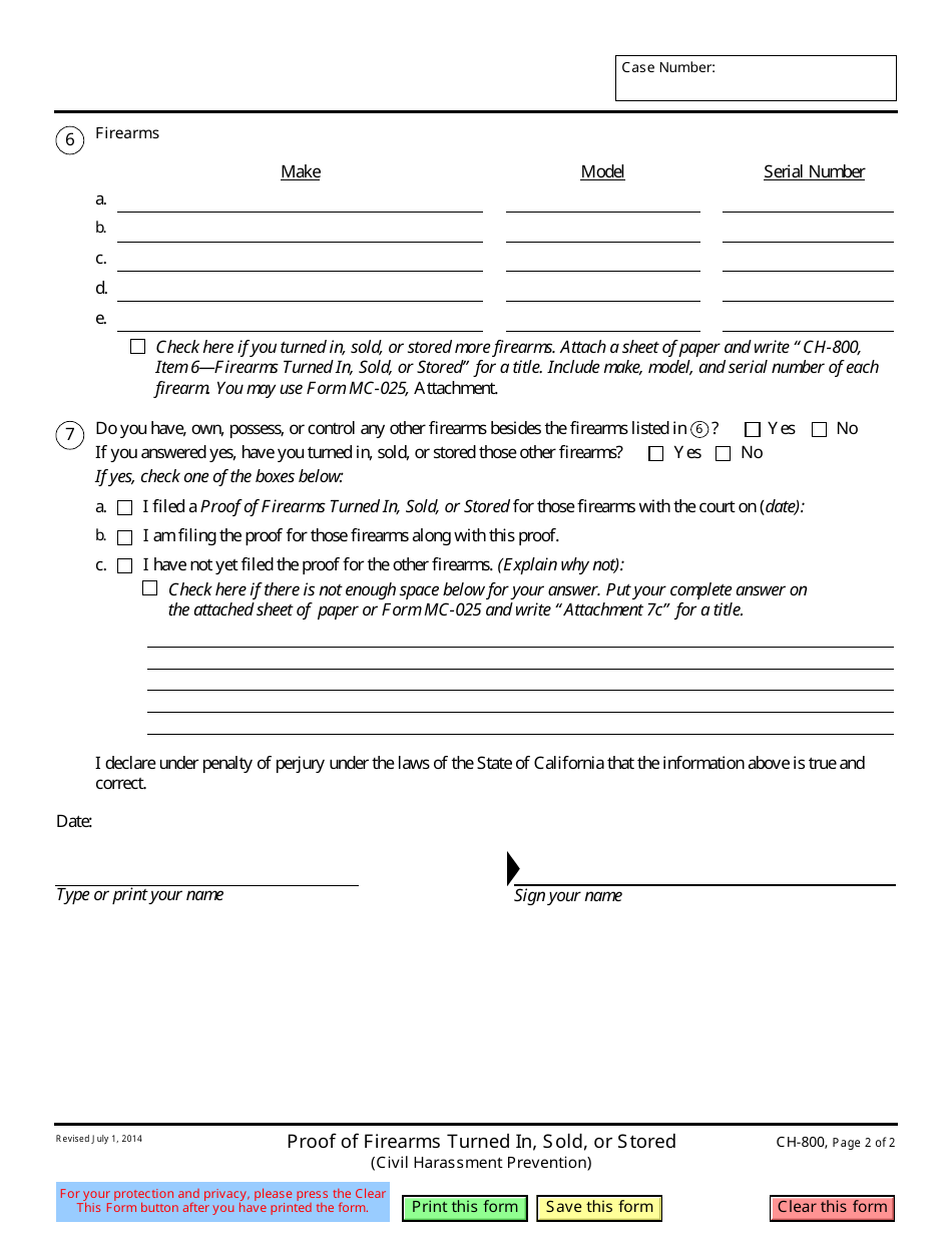 Form CH-800 Proof of Firearms Turned in, Sold, or Stored - California, Page 2