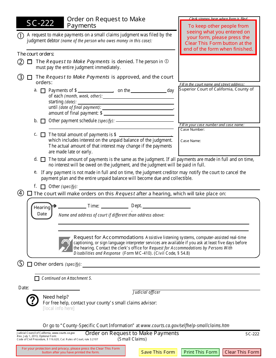 Form SC-222 Order on Request to Make Payments - California, Page 1
