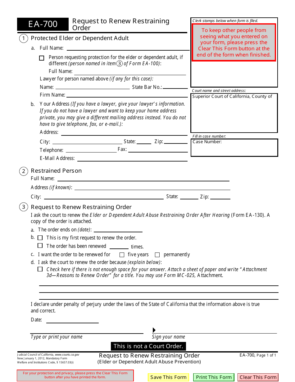 Form EA-700 Request to Renew Restraining Order - California, Page 1