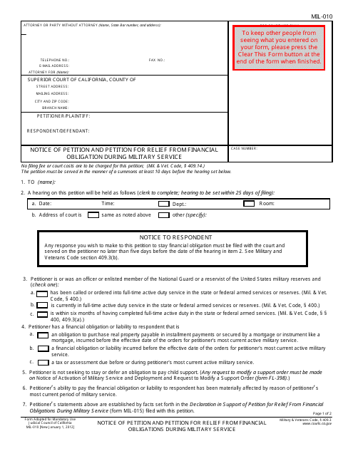 Form MIL-010 Notice of Petition and Petition for Relief From Financial Obligation During Military Service - California