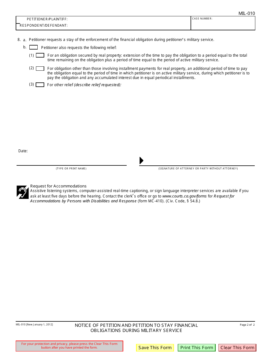 Form MIL-010 Notice of Petition and Petition for Relief From Financial Obligation During Military Service - California, Page 2