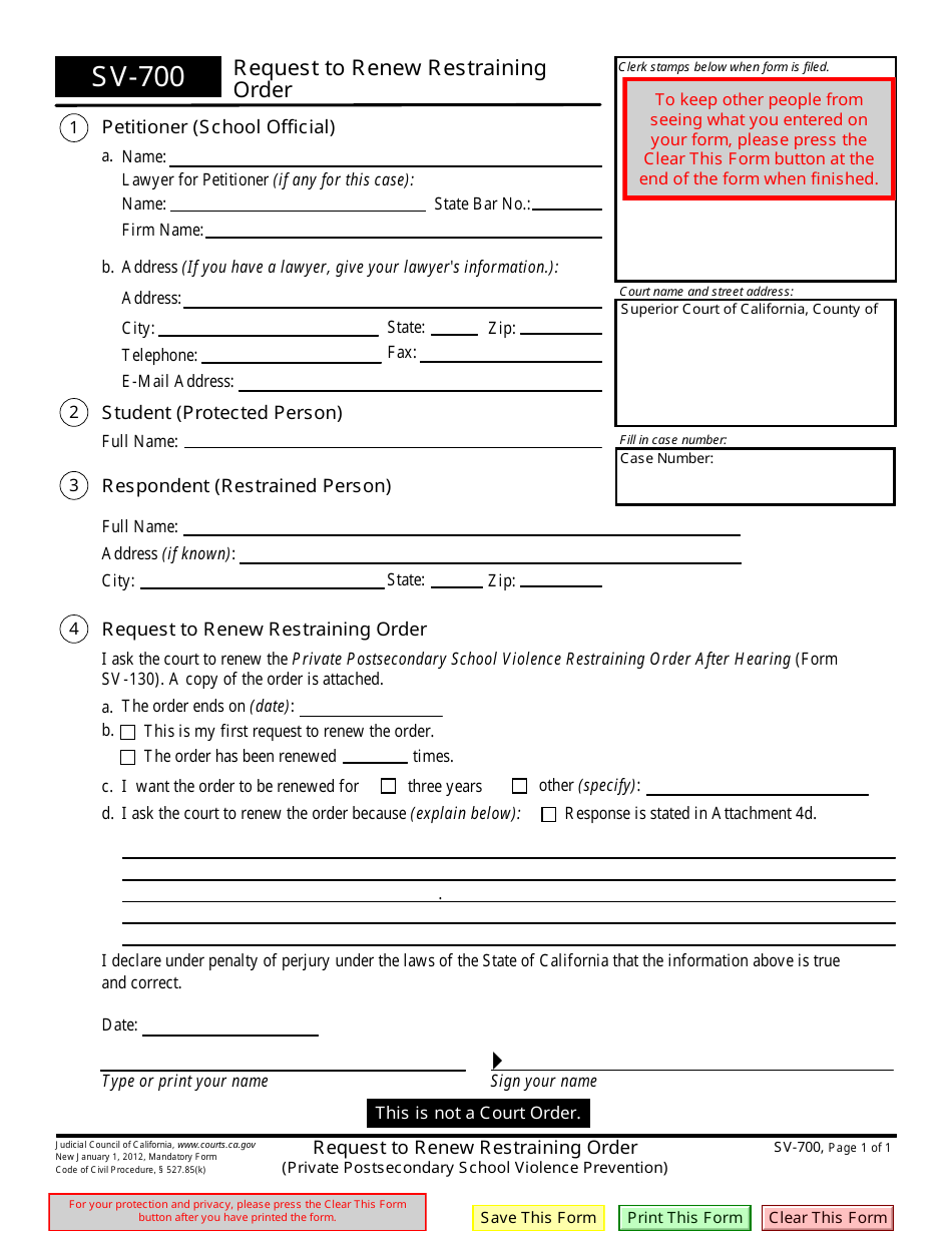 Form SV-700 Request to Renew Restraining Order - California, Page 1
