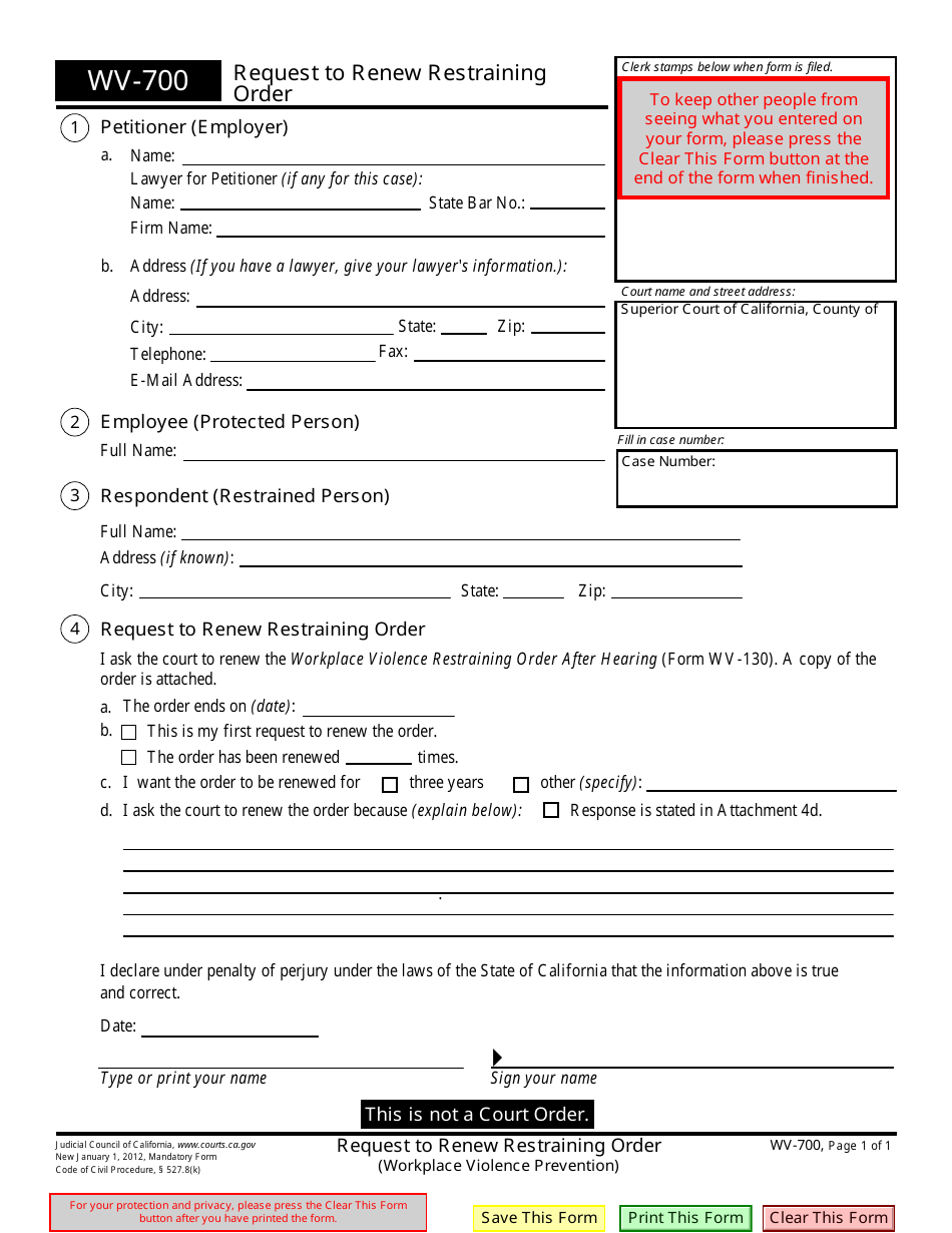 Form WV-700 Request to Renew Restraining Order - California, Page 1
