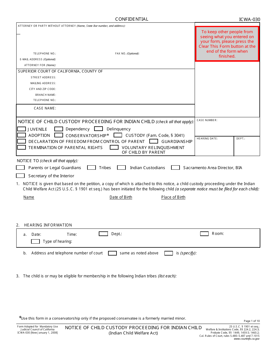 Form ICWA-030 Notice of Child Custody Proceeding for Indian Child - California, Page 1
