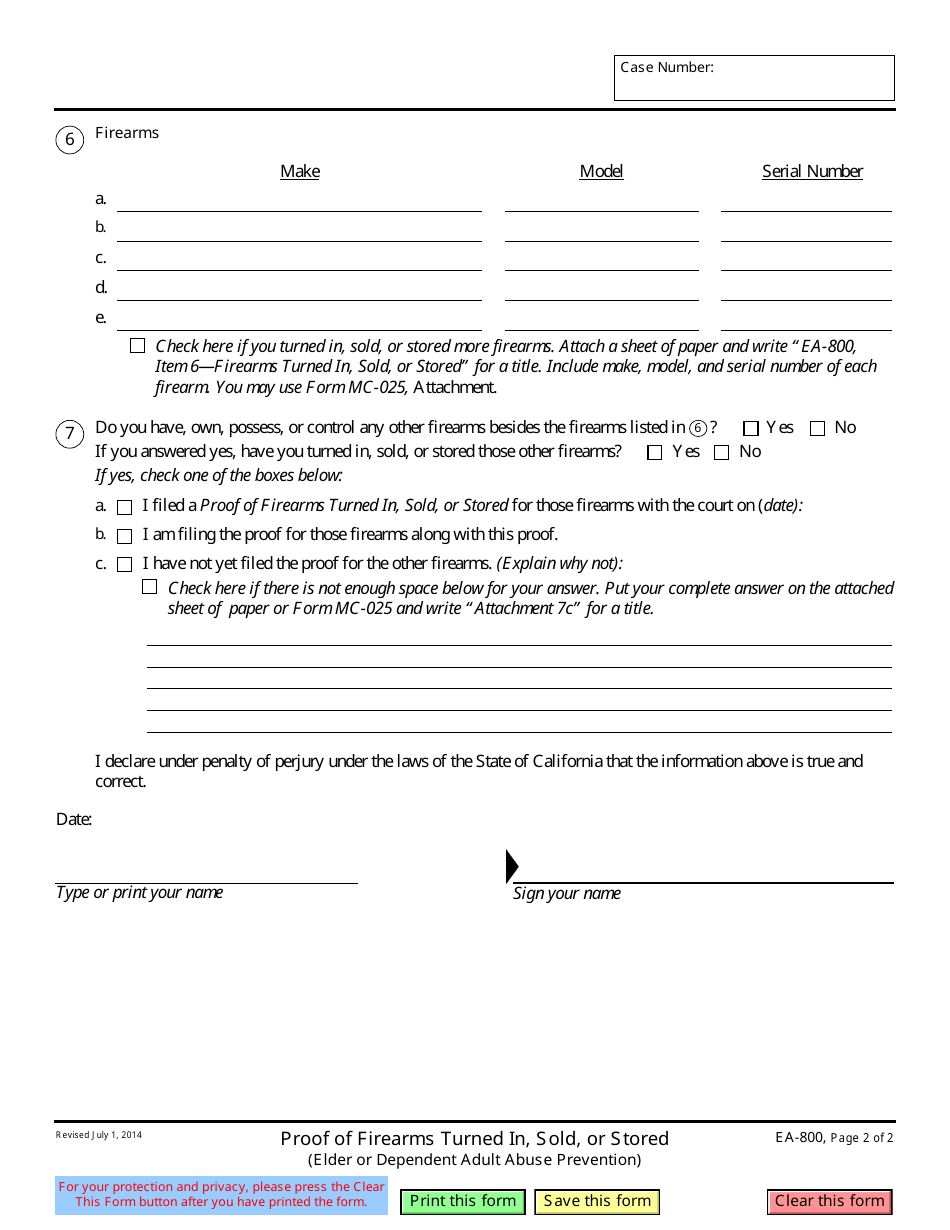 Form EA-800 Proof of Firearms Turned in, Sold, or Stored - California, Page 2