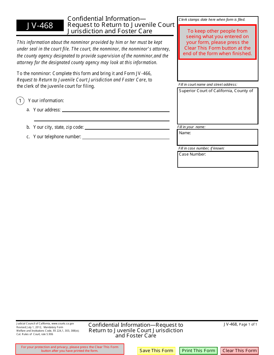 Form JV 468 Download Fillable PDF or Fill Online Confidential