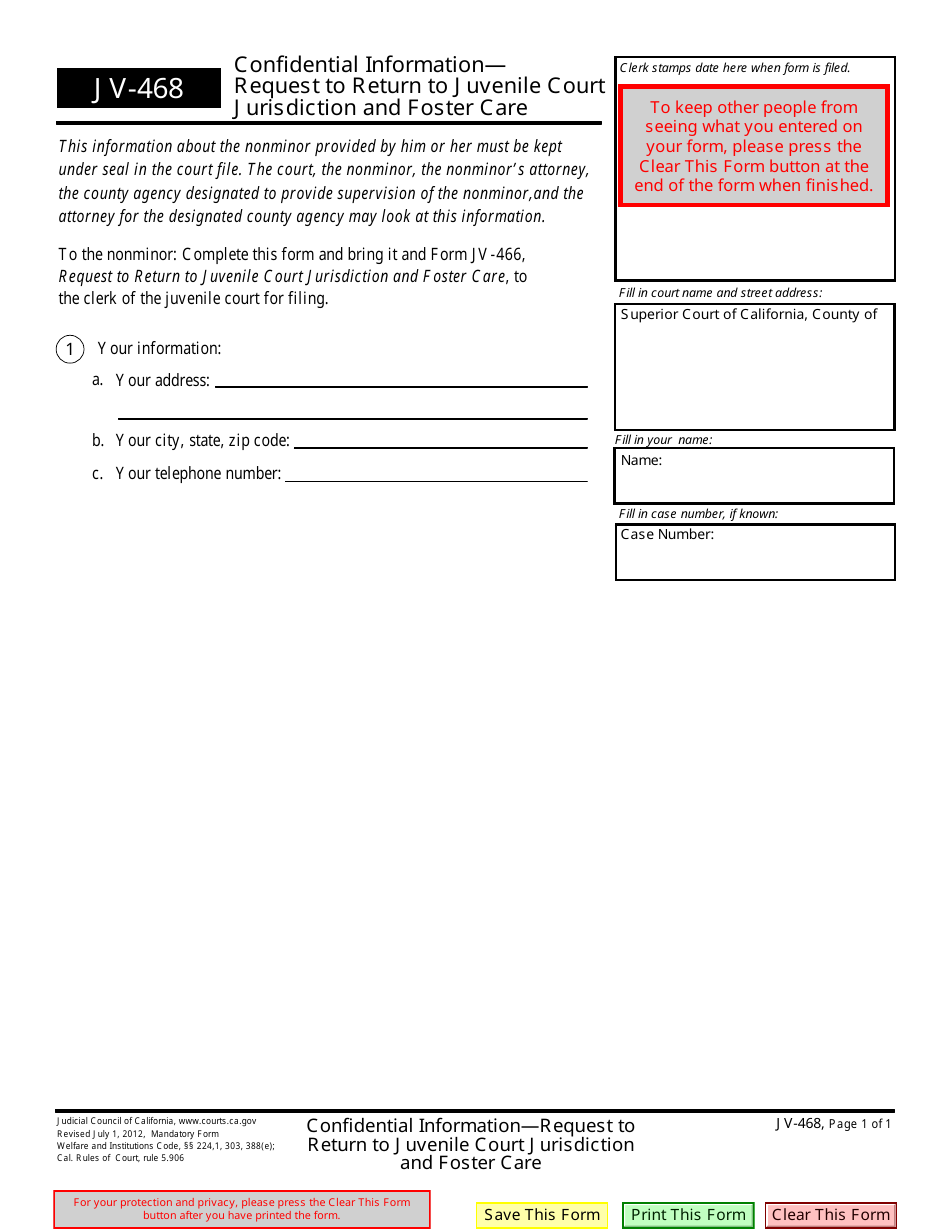 Form JV-468 Confidential Information - Request to Return to Juvenile Court Jurisdiction and Foster Care - California, Page 1