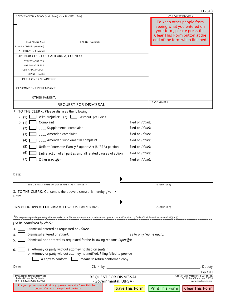 Form FL-618 Request for Dismissal - California, Page 1