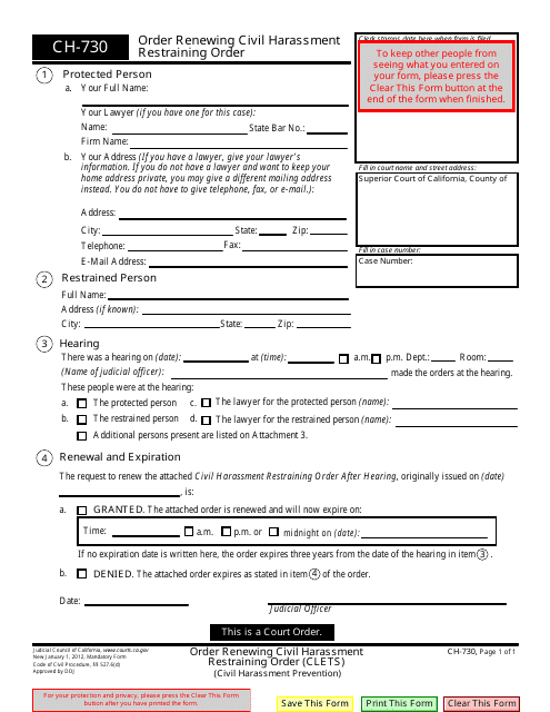 Form CH-730 Order Renewing Civil Harassment Restraining Order - California