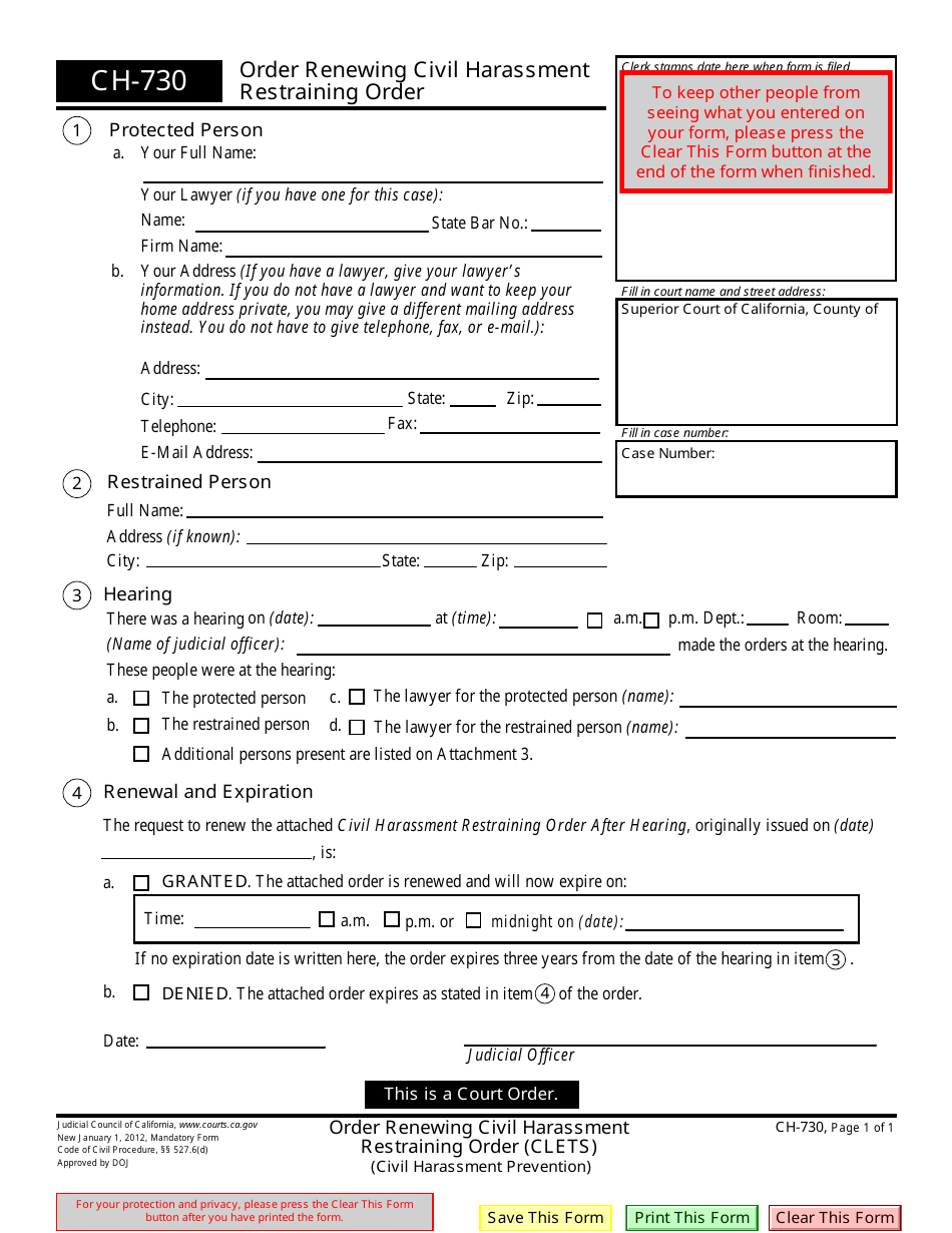 Form CH-730 Order Renewing Civil Harassment Restraining Order - California, Page 1