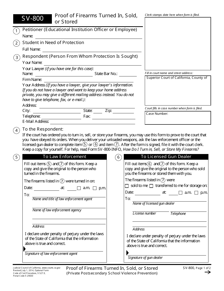 Form SV-800 Proof of Firearms Turned in, Sold, or Stored - California, Page 1
