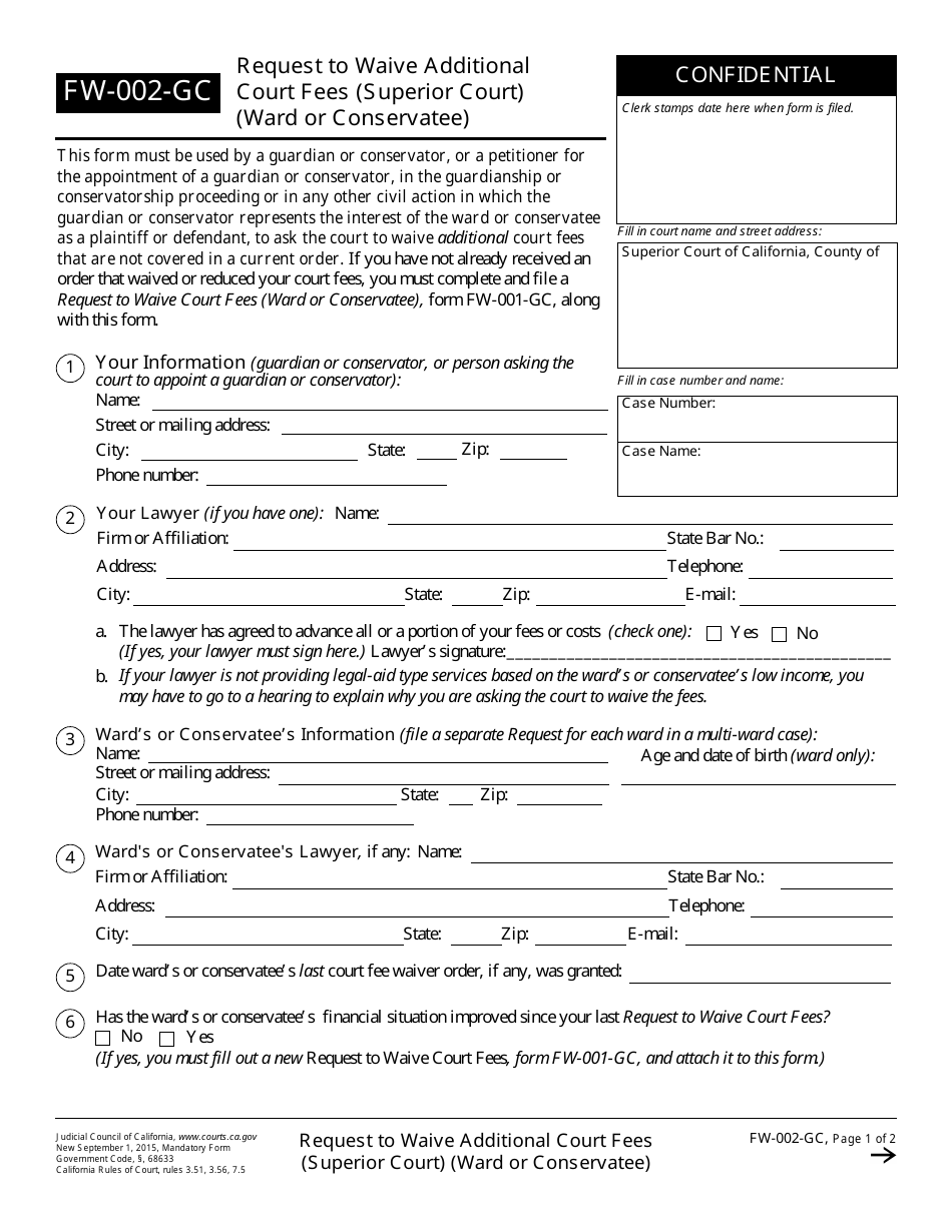 Form FW-002-GC Request to Waive Additional Court Fees (Superior Court) (Ward or Conservatee) - California, Page 1
