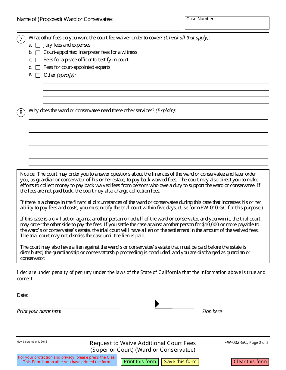 Form FW-002-GC Request to Waive Additional Court Fees (Superior Court) (Ward or Conservatee) - California, Page 2