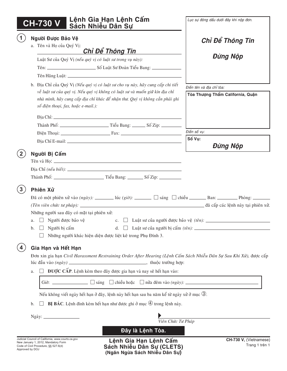 Form CH-730 V Order Renewing Civil Harassment Restraining Order - California (Vietnamese), Page 1