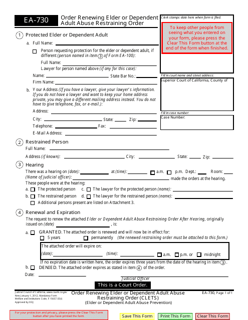 Form EA-730 Order Renewing Elder or Dependent Adult Abuse Restraining Order - California
