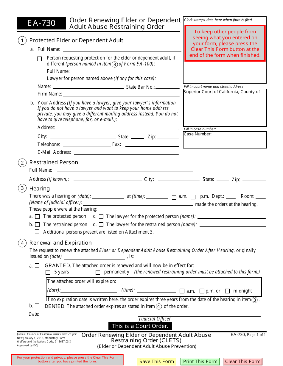 Form EA-730 Order Renewing Elder or Dependent Adult Abuse Restraining Order - California, Page 1