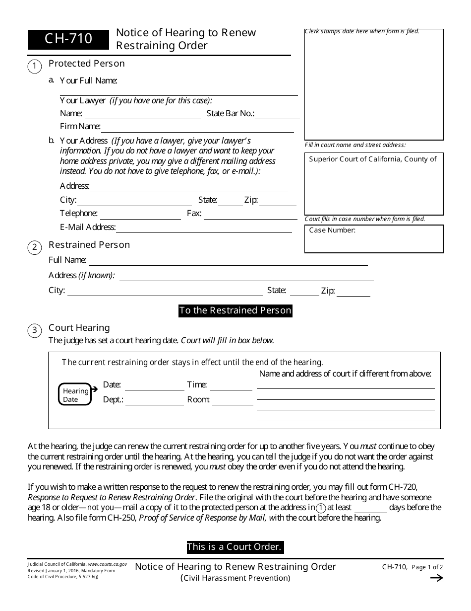 Form CH-710 Notice of Hearing to Renew Restraining Order - California, Page 1