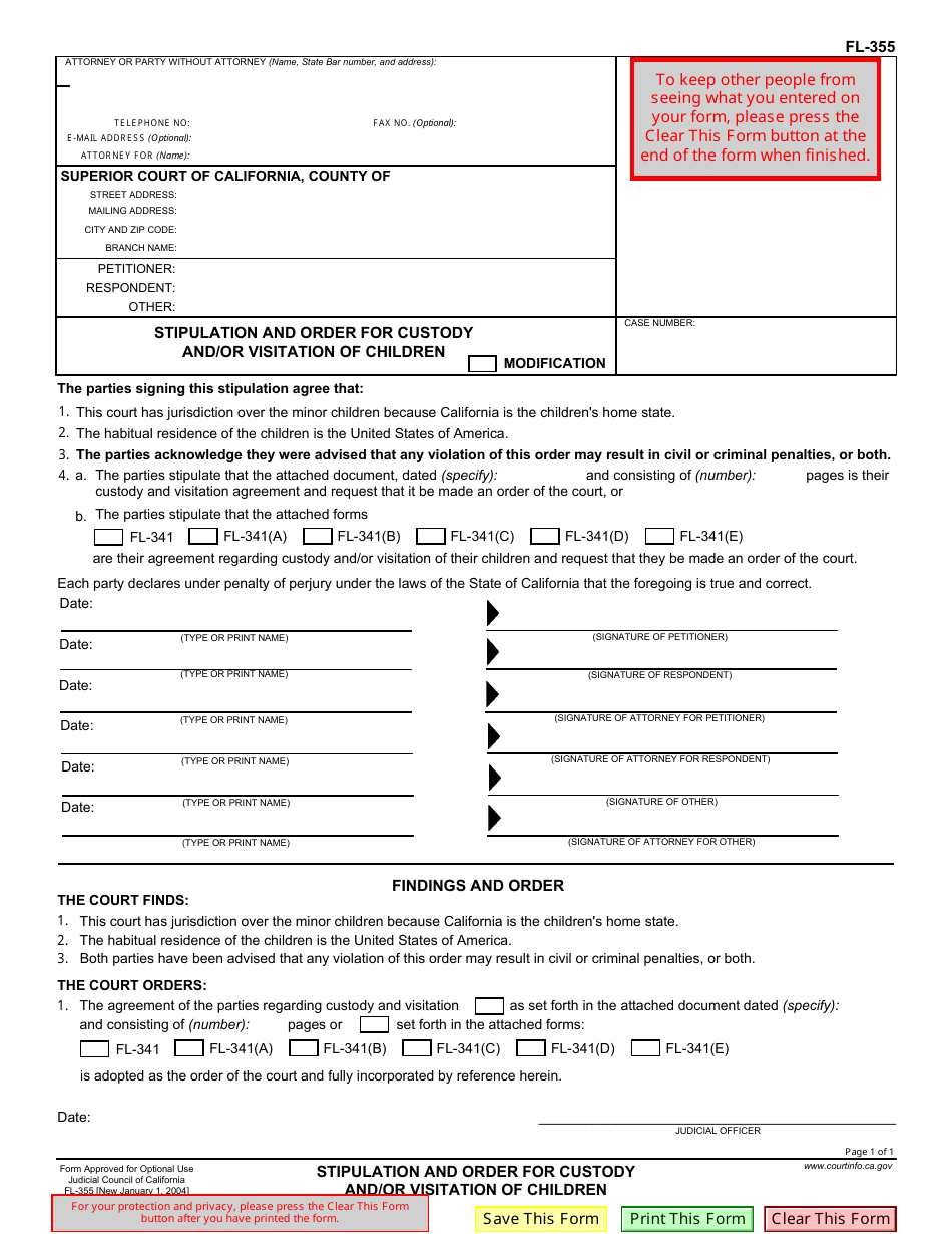 Form FL-355 Stipulation and Order for Custody and/or Visitation of Children - California, Page 1