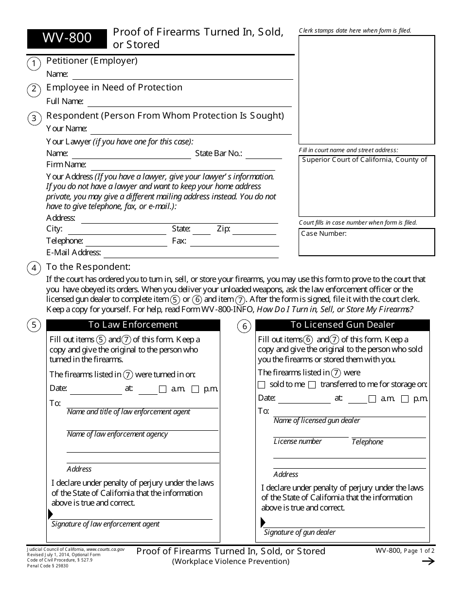 Form WV-800 Proof of Firearms Turned in, Sold, or Stored - California, Page 1