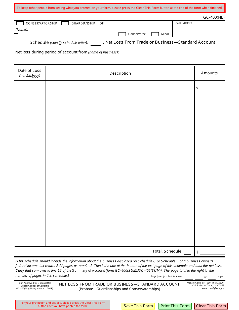 Form GC-400(NL) Net Loss From Trade or Business -standard Account - California, Page 1