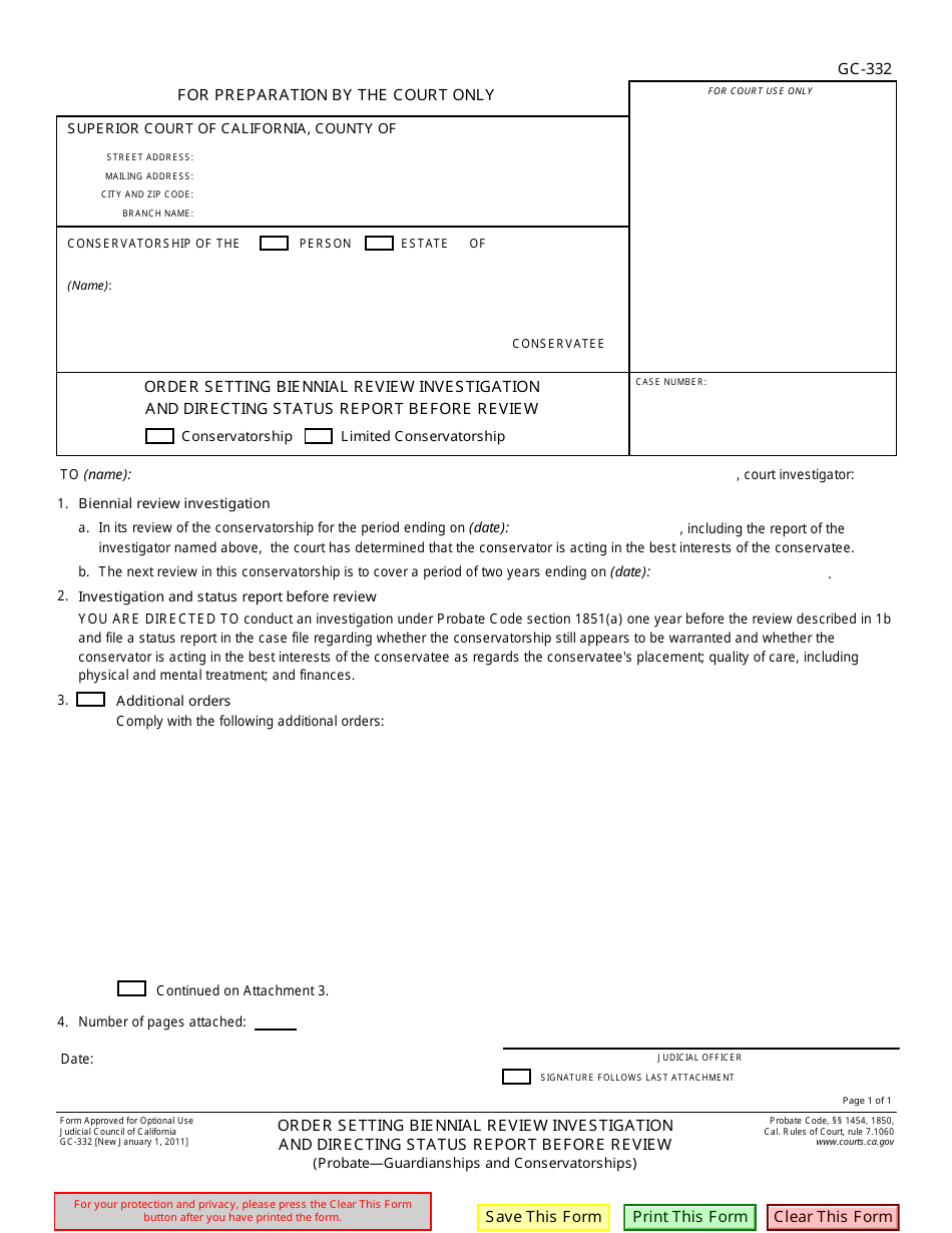 Form GC-332 Order Setting Biennial Review Investigation and Directing Status Report Before Review - California, Page 1