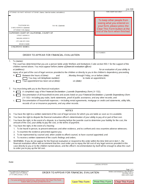 Form JV-131 Order to Appear for Financial Evaluation - California