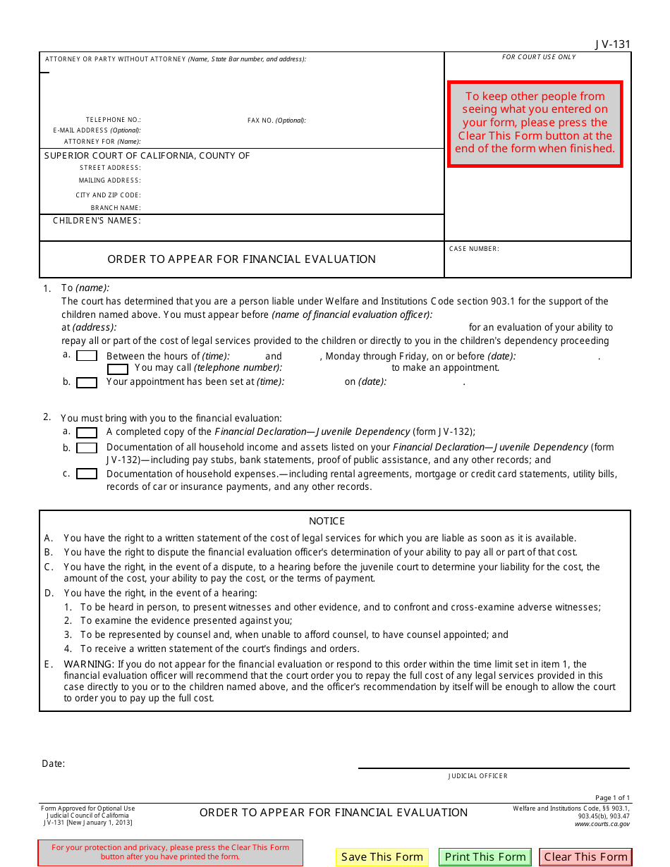 Form JV-131 Order to Appear for Financial Evaluation - California, Page 1