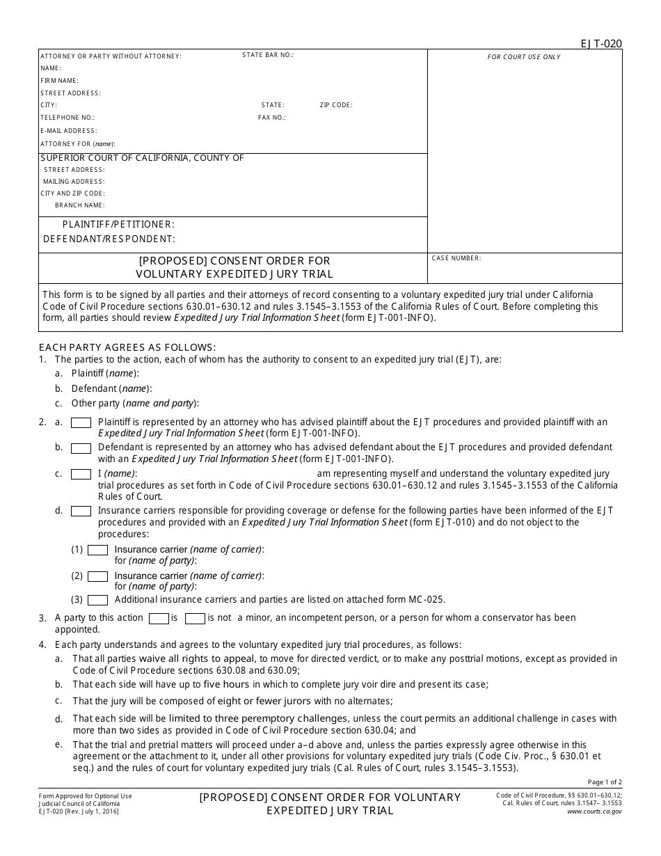 Form EJT-020 [proposed] Consent Order for Voluntary Expedited Jury Trial - California, Page 1