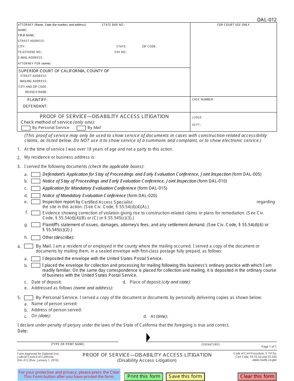Form DAL-012 Proof of Service - Disability Access Litigation - California, Page 1
