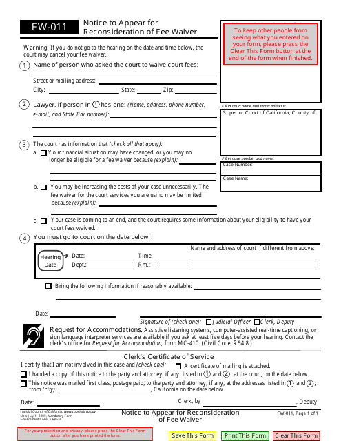 Form FW-011  Printable Pdf